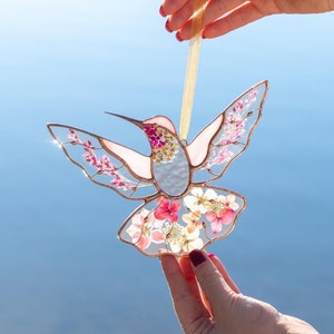 Hummingbird Stained Glass Window Hangings Mothers Day Gifts Pressed Flower Art Custom Stained Glass Hummingbird Suncatcher Gifts For Mom