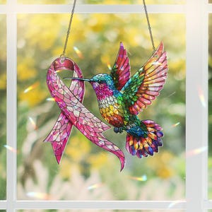 Hummingbird Suncatcher: Pink Ribbon Holographic Acrylic Window Decor