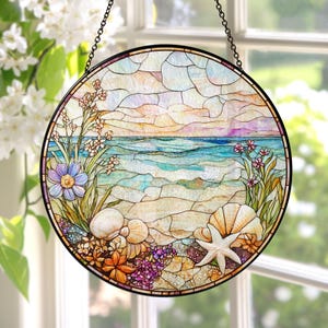 Beach Stained Glass Suncatcher, Beach Palm Tree Sunset, Starfish Coastal Window Decor, Summer Lover Gift, Bridesmaid Proposal Bridal Gift