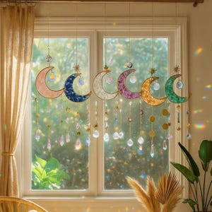 Moon Crystal Suncatcher Hanging, Mother's Day Gift, Sun Light Catcher Crescent Moon,Boho Home Decor, Amethyst Suncatcher,Rainbow Maker