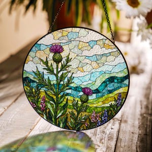 Purple thistle mountain field suncatcher window hanging gift for nature lover Scottish flower decor
