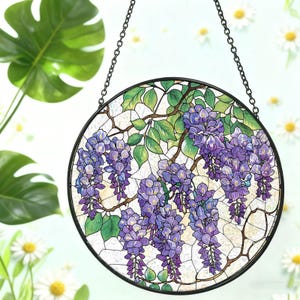 Wisteria Holographic Stained Glass Garden Suncatcher，Wisteria Holographic Crystal Suncatcher，Purple Plant Window Hanging Car Suncatcher