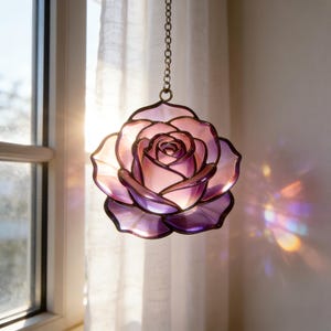 Romantic Pink Purple Rose Stained Glass Suncatcher, Mother's Day Decor, Special Gifts for Women, Valentine’s Gifts for Girlfriend