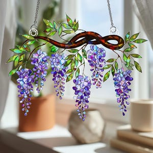 Wisteria Holographic Suncatcher, Purple Acrylic Window Hanging, Floral Spring Home Decor Gift