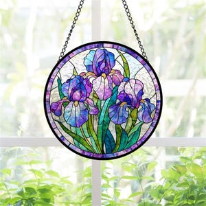 Purple Iris Stained Glass Suncatcher, Floral Window Hanging