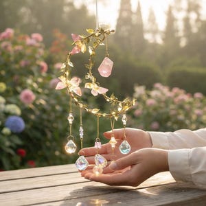 Crystal Moon Suncatcher, Pink Flowers, Fairycore Window Prism