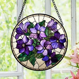 Purple Flower Stained Glass Suncatcher, Floral Garden Window Hanging, Mother’s Day Gift