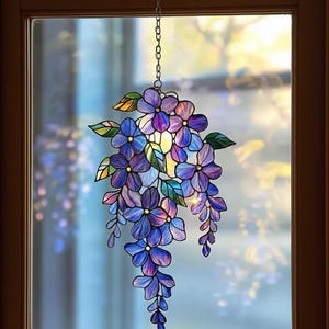 Wisteria Branch Acrylic Holographic Suncatcher, Purple Floral Window Or Balcony Hanging Decor, Floral Spring Home