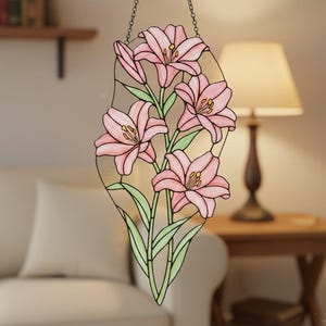 Pink Lilies Suncatcher, Floral Cluster Window Hanging, Botanical Wall Art, Gift for Mother's Day, Home Decor Accent, Gardening Lover
