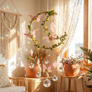 Handcrafted Crystal Moon Suncatcher – Pink Flower & Butterfly Window Décor,Gift for Her