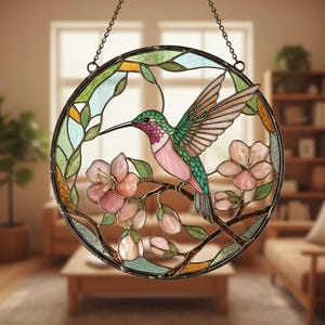 Hummingbird & Cherry Blossoms Suncatcher, Pink Floral Bird Window Hanging, Spring Nature Wall Art, Gift for Bird Lovers, Garden Home Decor