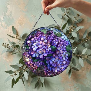 Purple Lilac Flowers Glass Suncatcher, Lilac Floral Suncatcher, Flower Glass Art, Spring Window Hanging Gift For Mom Grandma, Home Decor