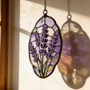 Handmade Lavender Stained Glass Suncatcher, Vintage Floral Window Hanging, Rustic Home Decor, Gift for Her