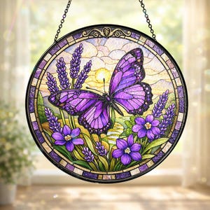 Butterfly and Lavender Stained Glass Suncatcher, Purple Butterfly Window Hanging, Mother Day Gift for Mom, Birthday Gift for her, Home Decor