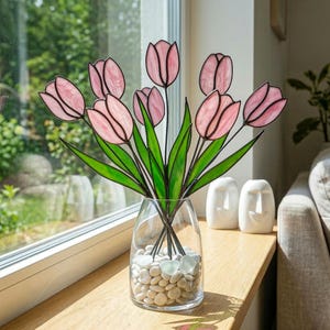 Stained Glass Tulip Suncatcher, Pink Flower Bouque, Spring Garden Decor, Gift for Mom