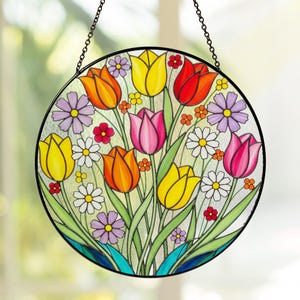 Tulip Suncatcher, Botanical Wildflowers Stained Glass Hanging Window Decor, Birthday Gift, Mothers Day Gifts for Mom, Grandma, Friend, Women