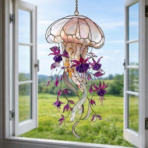 Jellyfish Stained Acrylic Suncatcher, Floral Jellyfish Window Hanging, Ocean Fantasy Decor, Nature Lover Gift