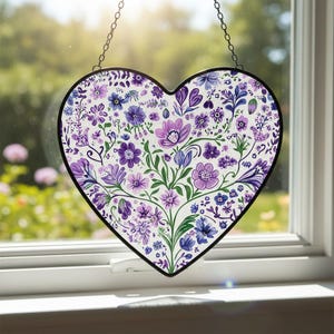 Purple Floral Stained Glass Heart Suncatcher, Floral Heart Window Hanging, Dreamy Garden Suncatcher, Mother's Day Gift For Flowers Lover